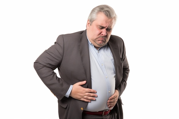 Geschäftsmann mit Magenschmerzen isoliert auf weißem Hintergrund