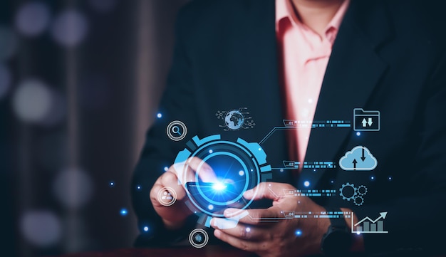 Geschäftsmann mit mobilem Smartphone Geschäftliche globale Internetverbindung Anwendungstechnologie und digitales Marketing Finanz- und Bankwesen Digitale Link-Technologie Big Data