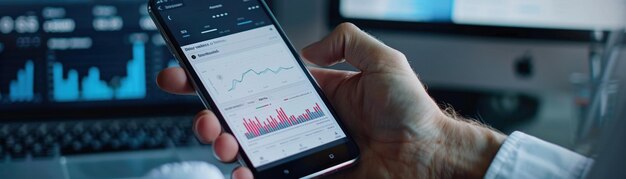 Geschäftsmann mit Smartphone, der Datendiagramm für Marktforschungen navigiert