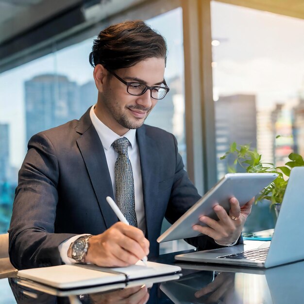 Geschäftsmann mit Stift und Stift unterschreibt auf einem digitalen Tablet und arbeitet an einem Laptop
