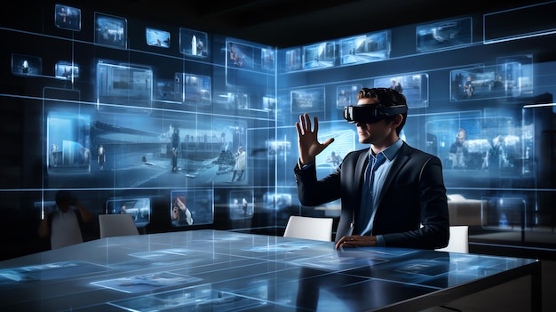 Geschäftsmann mit VR-Kopfbedeckung und Interaktion mit virtuellen Bildschirmen und Informationen