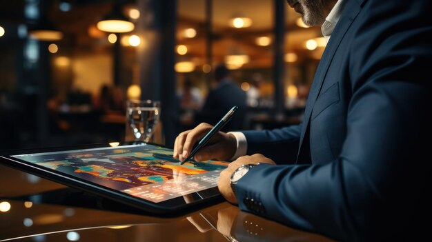 Geschäftsmann nutzt digitales Tablet am Tisch in Nahaufnahme
