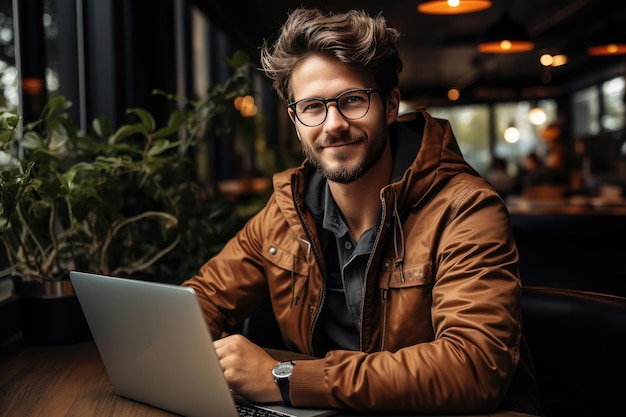 Geschäftsmann nutzt Laptop und kommuniziert online. Erstellt mit generativer KI-Technologie