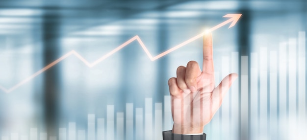 Geschäftsmann Plan Grafik Wachstum Anstieg der Diagramm positiven Indikatoren in seinem Geschäft