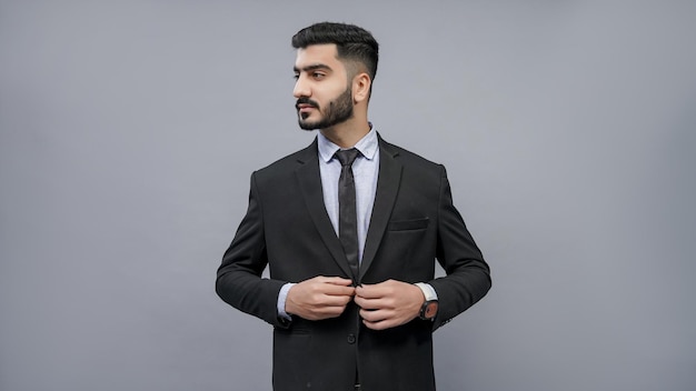 Geschäftsmann posiert auf grauem Hintergrund mit Mantel, der im schwarzen Anzug nach links schaut indisches pakistanisches Modell