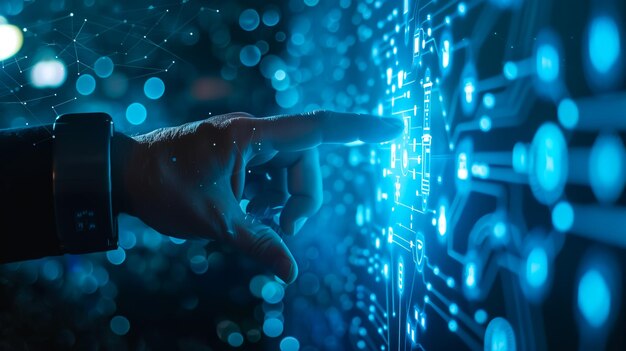 Geschäftsmann reicht die Hand aus, um einen virtuellen Bildschirm zu berühren, zeigt digitale Transformation Generative Ai