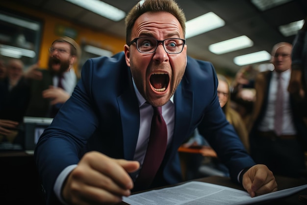 Geschäftsmann schreit im Büro, wütender Mann schreit in sein Smartphone