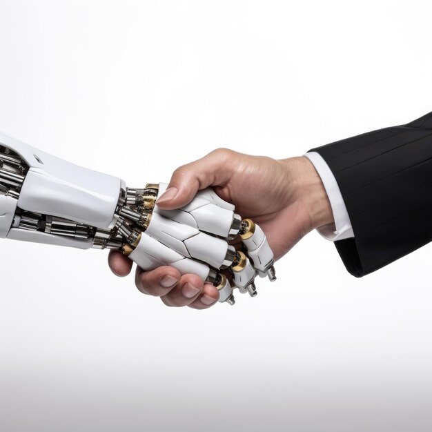Geschäftsmann schüttelt dem Roboter die Hand, isoliert auf weißem Hintergrund