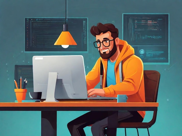 Geschäftsmann sitzt im Computerbüro Innenraum Charakter Flaches Design Vektor-Illustration