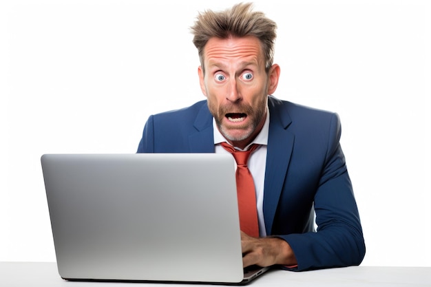 Geschäftsmann sitzt mit Stress und Kopfschmerzen im Büro und benutzt einen Laptop auf weißem Hintergrund