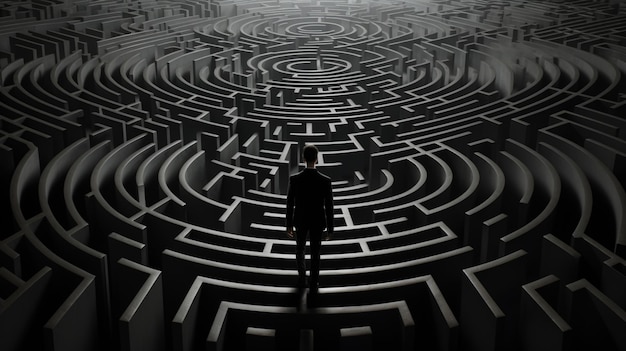 Geschäftsmann steht im Labyrintheingang und sucht nach einer Lösung