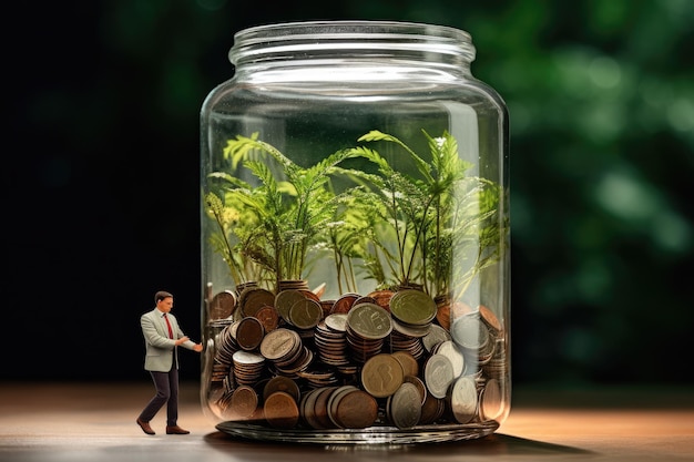 Geschäftsmann steht in einem Glasgefäß mit Münzen und grüner Pflanze. Geschäftsmann spart Geld in einem Glasgefäß, oberer Abschnitt beschnitten, keine Handverformung, KI-generiert