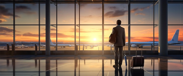 Geschäftsmann steht mit Reisegepäck am Flughafen und wartet auf den Flug am Flughafenterminal Rear View Generative AI