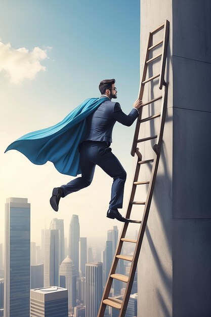 Geschäftsmann Superheld Fly Pass Geschäftsmann klettert die Leiter Geschäftswettbewerb Konzept