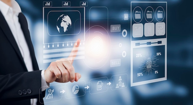 Geschäftsmann Touchscreen auf dem Diagramm Bildschirm Symbol eines Medienbildschirms Technologie Prozesssystem Geschäft mit Kommunikations- und Marketingkonzept Teamerfolg HR Mensch Geschäftserfolg