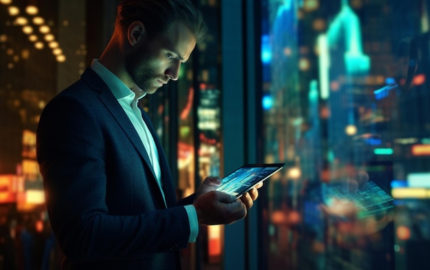 Geschäftsmann überprüft die Börsendaten auf einem Tablet in der Nacht im Hintergrund