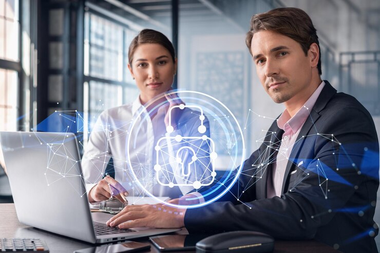 Geschäftsmann und Geschäftsfrau, die zusammenarbeiten, um vertrauliche Informationen von Kunden und IT-Hologramm-Vorhängeschloss-Symbole für Cyber-Sicherheit über Bürohintergrund mit Panoramafenstern zu schützen