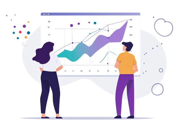 Foto geschäftsmann und geschäftsfrau präsentieren marketingdaten auf einem präsentationsbildschirm und erklären diagramme.