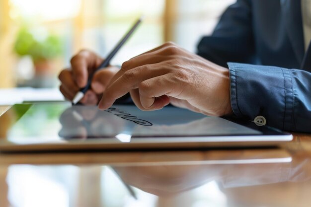 Geschäftsmann unterzeichnet einen digitalen Vertrag auf einem Tablet in einem modernen Büro