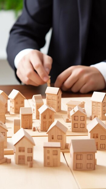 Geschäftsmann wählt ein Mini-Holzhausmodell aus dem Modell auf dem Holztisch und plant den Kauf eines Grundstückskonzepts