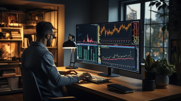 Geschäftsmann zeigt auf den Bildschirm Handelsdatenanalyse Finanzdiagramme Grafiken Statistiken Investitionen