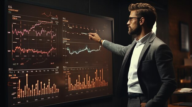 Geschäftsmann zeigt Diagramm finanzielle Ziele und wirtschaftliche Geschäftsplanung globale generative KI