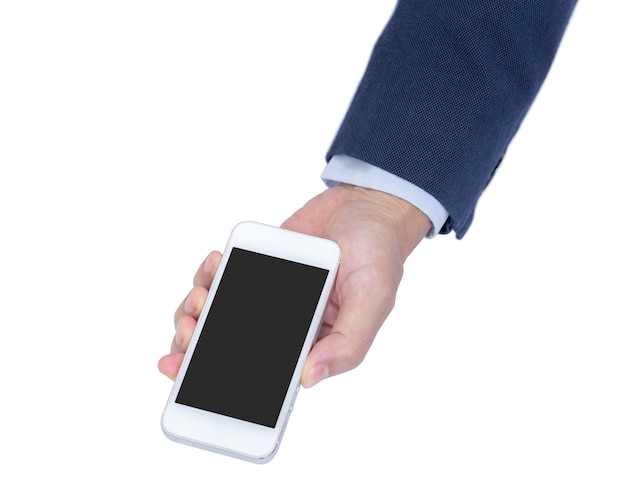 Geschäftsmannhand, die Handy des leeren Bildschirms lokalisiert auf weißem Hintergrund, Beschneidungspfad hält