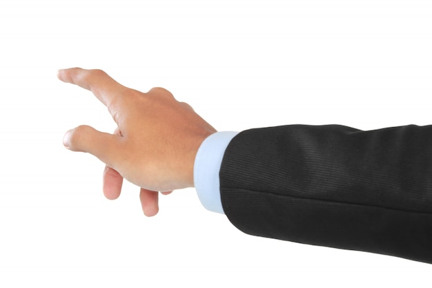 Geschäftsmannhand, die virtuellen Bildschirm drückt