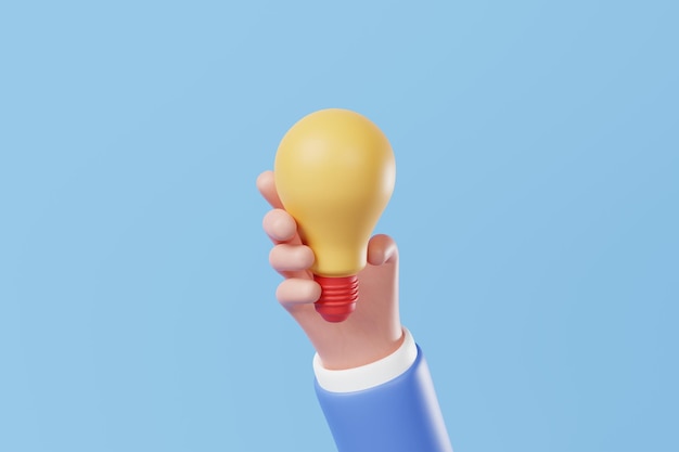 Geschäftsmannhand hält gelb leuchtende Glühbirne auf blauem Hintergrund Geschäftsideen-Denkkonzept 3D-Rendering