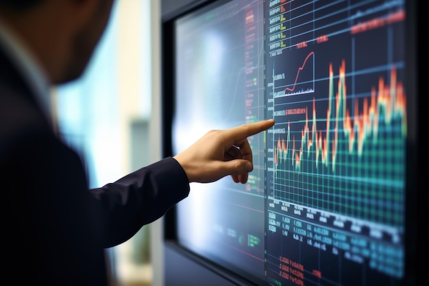Geschäftsmannhand zeigt auf Börsendiagramm Geschäftskonzept