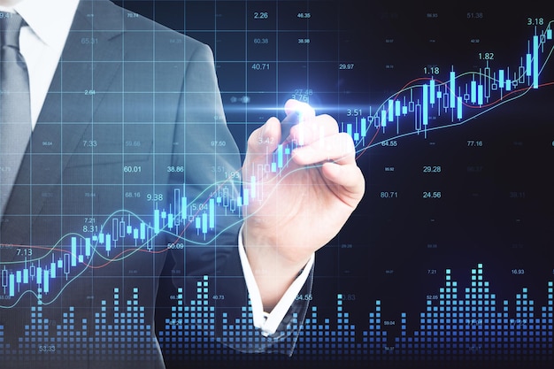 Geschäftsmannhandzeichnung glühendes Candlestick-Diagramm