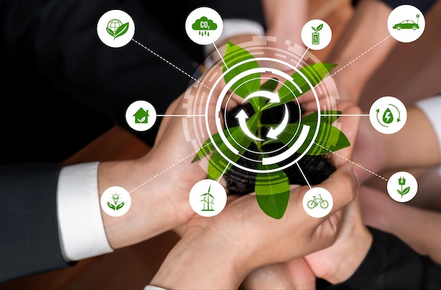 Geschäftspartnerschaften, die Pflanzen pflegen oder anbauen, zusammen mit dem Recycling-Symbol symbolisieren nachhaltigen ESG-Umweltschutz mit Öko-Recycling-Technologie und Vertrauen in das Management recycelbarer Ressourcen