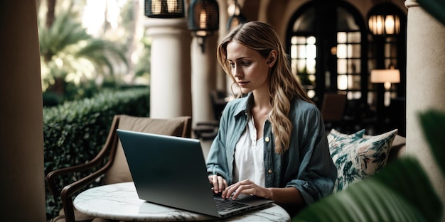 Geschäftsperson, die einen Laptop-Computer in der Luxushotel-Lobby verwendet