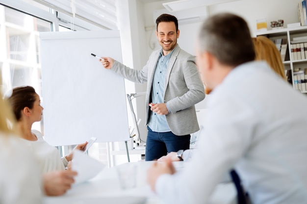 Geschäftsplan vom CEO den Mitarbeitern auf Flipchart erklärt