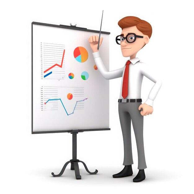 Geschäftspräsentation 3D-Symbol eines Büromanns, der seinen Kollegen Diagramme und Grafiken vorstellt