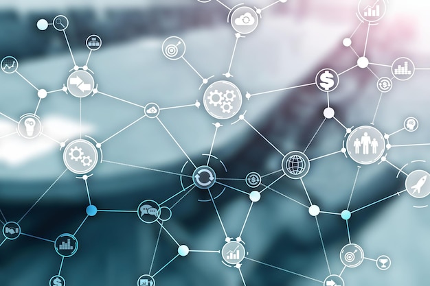 Foto geschäftsprozessstruktur industrielles workflow-diagramm automatisierungs-innovationskonzept auf verschwommenem büro