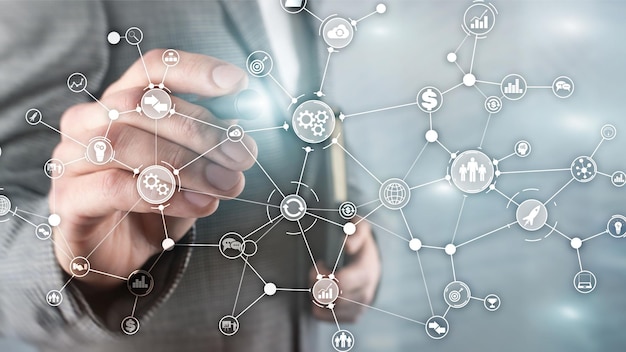 Geschäftsprozessstruktur industrielles Workflow-Diagramm Automatisierungs-Innovationskonzept auf virtuellen Bildschirm-Mischmedien