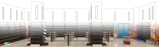 Geschäftsräume, Geschäft, Innenvisualisierung, 3D-Illustration