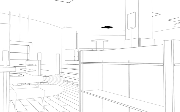 Geschäftsräume Shop Innenvisualisierung 3D-Darstellung Skizze Umriss