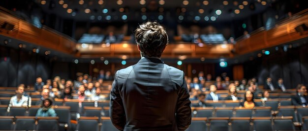 Geschäftsredner Das Publikum mit Zuversicht einbeziehen Konzept Öffentliches Sprechen Präsentationsfähigkeiten Das Publikum einbinden Geschäftskommunikation Vertrauen aufbauen