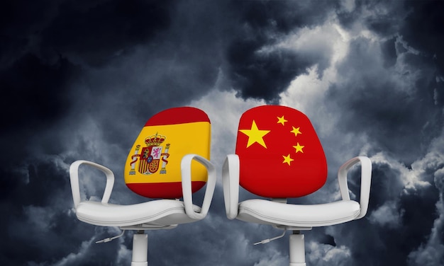 Geschäftsstühle aus Spanien und China Internationales Beziehungskonzept 3D-Rendering