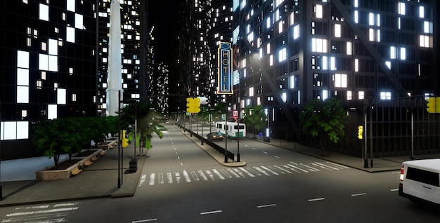 Geschäftsviertel mit Bürogebäuden und Stadtlichtern, urbane Metropolenlandschaft mit Autos auf der Straße. Hauptstadt mit moderner Architektur und Sky Towers. 3D-Renderanimation.