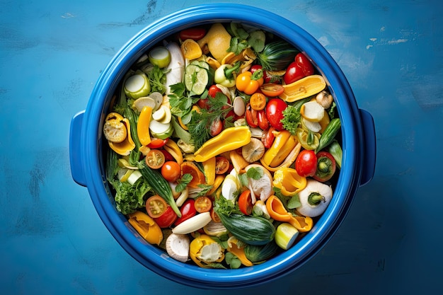 Geschältes Gemüse im weißen Kompostbehälter auf blauem Hintergrund