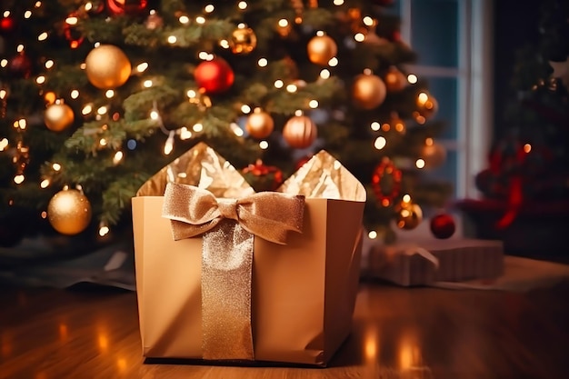 Geschenk für Weihnachten und Neujahr aus Goldpapier auf dem Hintergrund des Weihnachtsbaums. Verschwommener Hintergrund. Weihnachtsbeleuchtung. Platz für Kopien