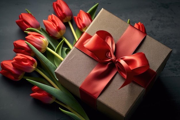 Geschenk mit Schleife und Tulpen Generative KI