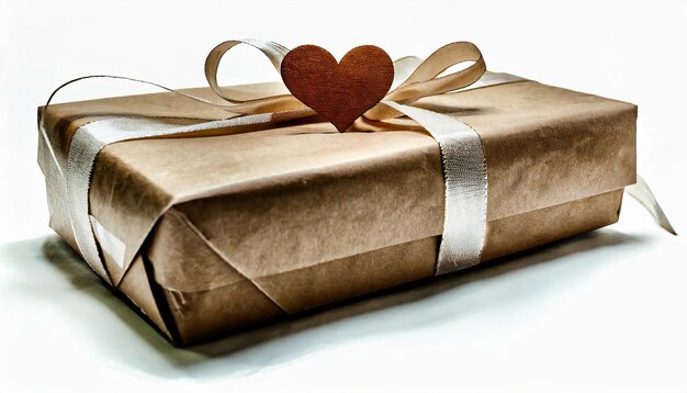 Foto geschenk zum valentinstag mit herz und verpackungsband isolier auf weißem hintergrund