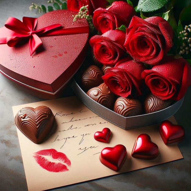 Foto geschenk zum valentinstag rote rosen und liebesbriefe schokolade valentinstag konzept