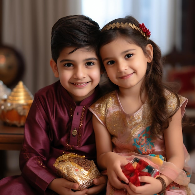 Geschenkaustausch zwischen glücklichem indischen Bruder und Schwester auf Raksha Bandhan