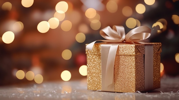 Geschenkbox auf dem Tisch mit verschwommenem Weihnachtsbaum und goldenem festlichem Bokeh-Lichthintergrund