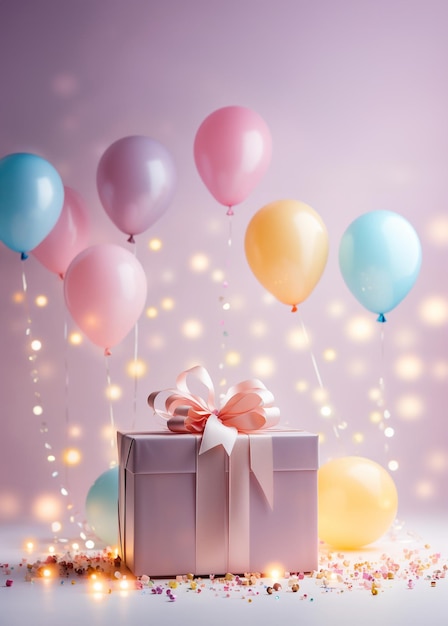 Geschenkbox auf pastellfarbenem Hintergrund mit Partylichtern und Luftballons